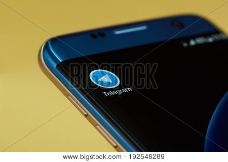 New york, USA - June 24, 2017: Telegram application icon on smartphone screen close-up. Telegram app icon with copy space on screen