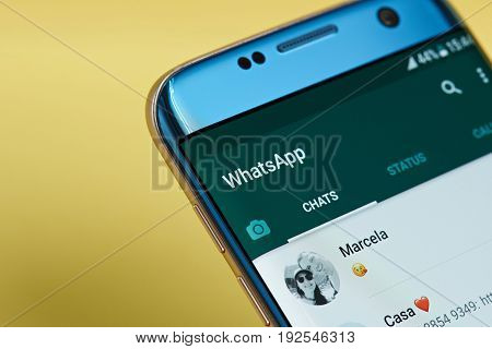 New york, USA - June 23, 2017: Whatsapp application menu on smartphone screen close-up. Using Whatsapp app
