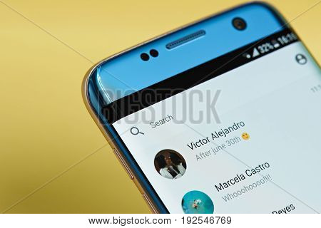 New york, USA - June 23, 2017: Facebook messenger application menu on smartphone screen close-up. Using Facebook messenger app