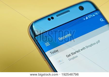 New york, USA - June 23, 2017: Dropbox application menu on smartphone screen close-up. Using Dropbox app