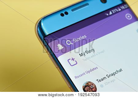New york, USA - June 23, 2017: Snapchat application menu on smartphone screen close-up. Using snapchat app