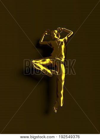 Beautiful business woman in dancing pose. 3D rendering. Metallic material