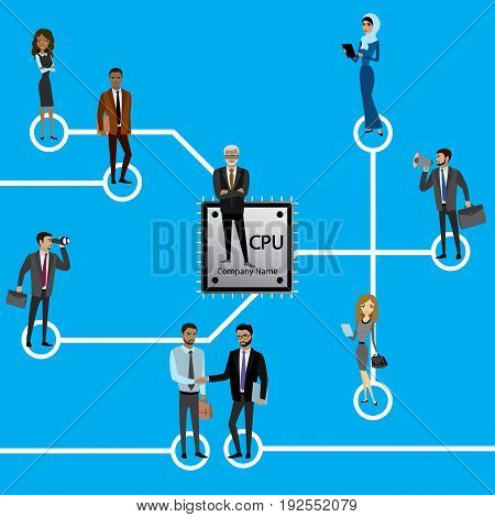 Group of business persons standing on Microchip and Circuit board. Cpu. Microprocessor.Business concept vector illustration.