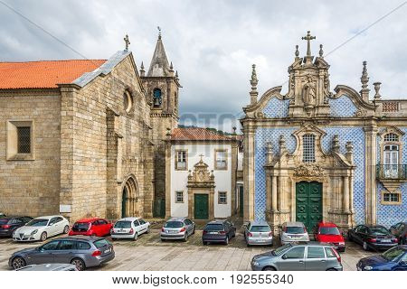 GUIMARAES,PORTUGAL - MAY 14,2017 - Azulejo decorated church Ordem de Sao Francisco in Guimaraes. The city Guimaraes was settled in the 9th century at which time it was called Vimaranes.