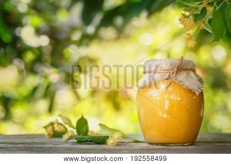 Linden honey. Glass jar of honey and linden flowers on wooden table with blurred sunshine blooming linden tree on the background. Photo with copy space