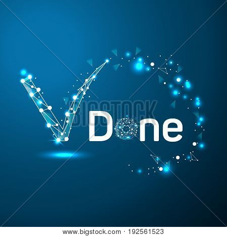 Abstract check mark in the form of a starry sky or space, consisting of points, lines, and shapes in the form of planets, stars and the universe. Vector business wireframe concept. Eps10