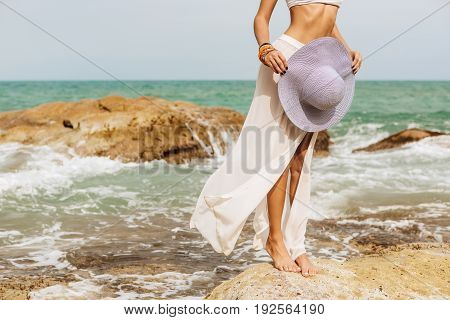 Pretty Lady In Summer Outfit On The Beach.