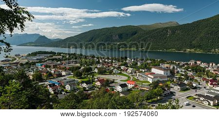 Panoramic view of Andalsnes city in Norway in Romsdalsfjorden under a sunny sky