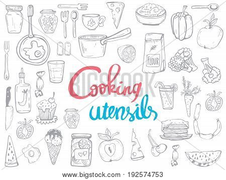 Set line icons kitchen concept seamless background