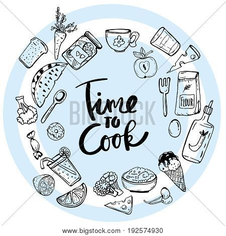 Time to Cook Lettering. calligraphy logo. sketch style.  Hand drawn vector illustration.