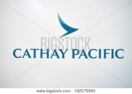 HONG KONG - CIRCA SEPTEMBER, 2016: close up shot of Cathay Pacific sign at Hong Kong International Airport. Cathay Pacific is the flag carrier of Hong Kong.