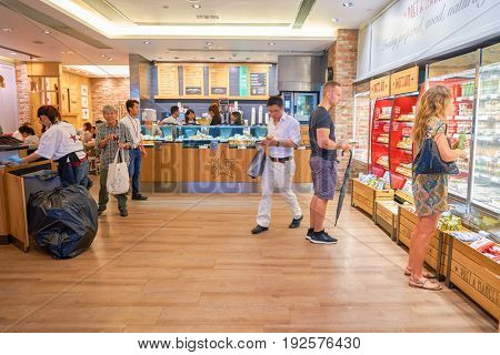 HONG KONG - CIRCA SEPTEMBER, 2016: inside a Pret a Manger in Hong Kong. Pret a Manger is a sandwich shop chain based in the United Kingdom.