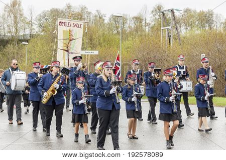 VERDAL NORWAY - MAY 17 2017: National day in Norway. Norwegians at traditional celebration and parade on may 17 2017 in Verdal. People on parde before school in Verdal. Constitution Day is the National Day of Norway.