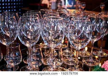 Close up empty glasses in restaurant natural light and artificial light