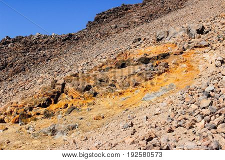Volcano teide in tenerife island is still in activity, sulfur deposition on the rock