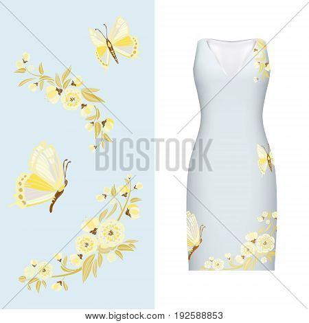 Vector embroidery floral pattern of butterfly leaves and rose on classic women's dress mockup. Vector illustration. Hand-drawn ornate pattern. Gold on light blue. japanese style.