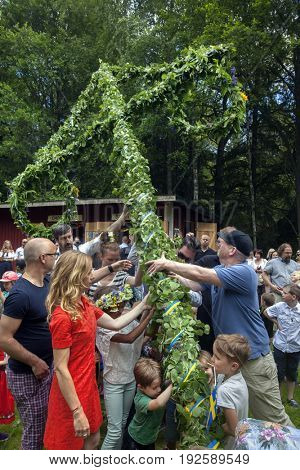 STOCKHOLM, SWEDEN - JUNE 24, 2017, A group volunteers people raising the maypole in South Stockholm