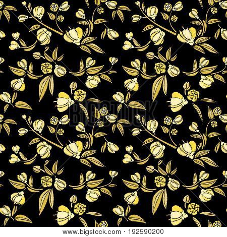 Seamless pattern of gold small flowers like piones on a black background. Embroidery ethnic floral background. line design fashion wearing. Vector vintage, decorative element for patches and stickers