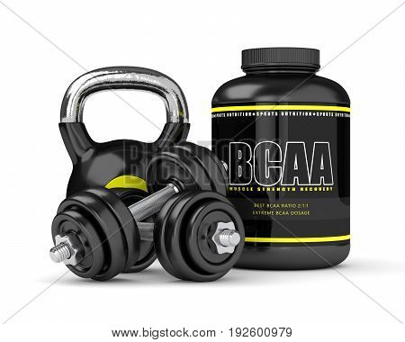 3D Render Of Bcaa Powder With Dumbbells And Kettlebell
