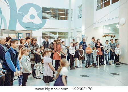 Udomlya City, Russia - 25 December 2015: Opening of the exhibition of children's drawings.