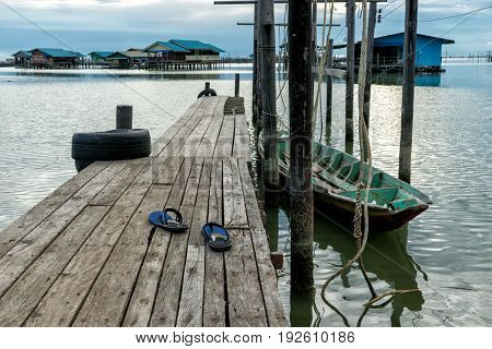 Homestay and floating basket in lake at Kohyo Songkhla Thailand with beautiful sky and clouds. This is traditional fisheries area.