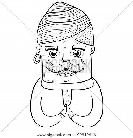 happy cartoon Indian guy in turban. coloring book. vector