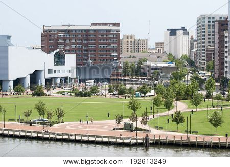 The view of Norfolk waterfront with downtown skyscrapers in a background (West Virginia).