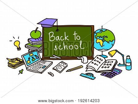 Back to school. school pack. hand drawn color set objects. Eraser globe glue goggles graduate lamp laptop notes pen pencil pin. Text on chalk board. For decoration prints tags. sketch doodle