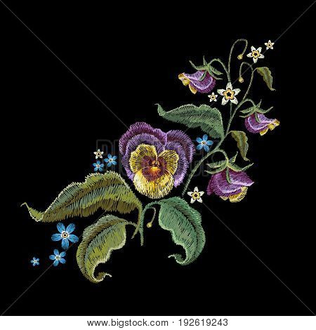 Violets flower embroidery. Classical embroidery beautiful summer flowers violet on black background t-shirt designtemplate fashionable clothes