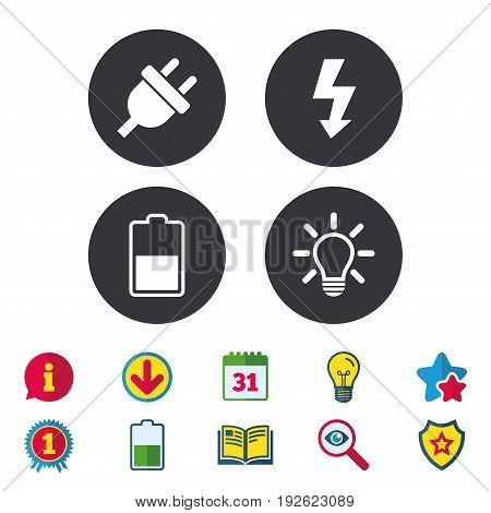 Electric plug icon. Light lamp and battery half symbols. Low electricity and idea signs. Calendar, Information and Download signs. Stars, Award and Book icons. Light bulb, Shield and Search. Vector