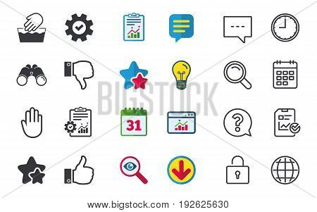 Hand icons. Like and dislike thumb up symbols. Not machine washable sign. Stop no entry. Chat, Report and Calendar signs. Stars, Statistics and Download icons. Question, Clock and Globe. Vector