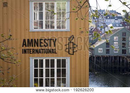 TRONDHEIM NORWAY - MAY 14 2017: Amnesty International office in old town of Trondheim Norway