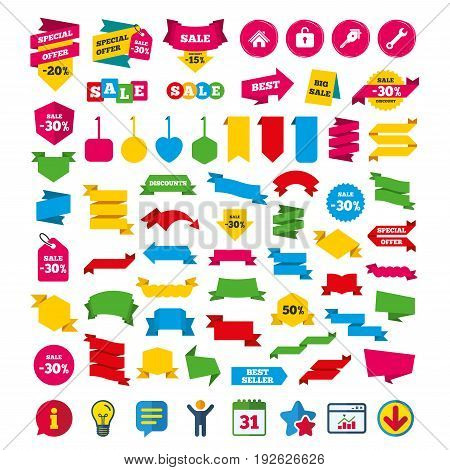 Home key icon. Wrench service tool symbol. Locker sign. Main page web navigation. Shopping tags, banners and coupons signs. Calendar, Information and Download icons. Stars, Statistics and Chat. Vector