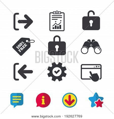 Login and Logout icons. Sign in or Sign out symbols. Lock icon. Browser window, Report and Service signs. Binoculars, Information and Download icons. Stars and Chat. Vector