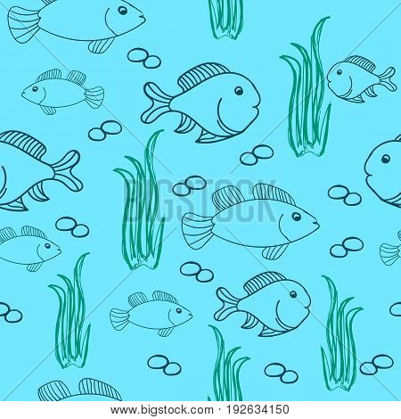hand drawn seamless pattern with funny fishes. Eps10