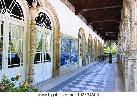 Luso, Portugal - June 10, 2017: Arched terrace of the Bussaco Palace near Luso in Portugal