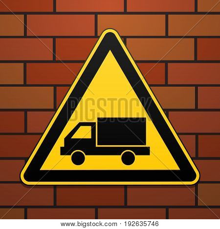 International safety warning sign. Watch out for the car The sign on the brick wall background. Black image on a yellow triangle. Vector illustration.