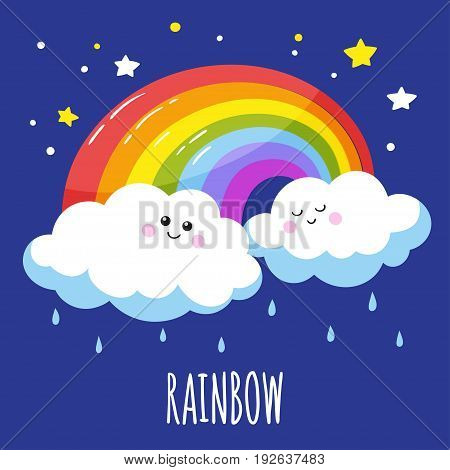 Colorful rainbow and two cute clouds in a cartoon style. Vector illustration is suitable for greeting cards and prints on t-shirts.