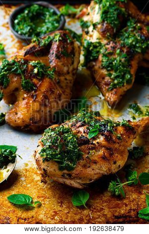 Chicken a grill with chimichury sauce..style rustic.selective focus