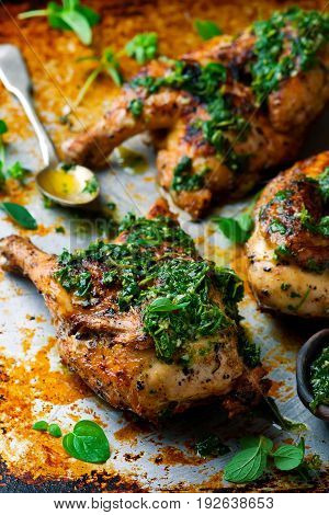 Chicken a grill with chimichury sauce..style rustic.selective focus