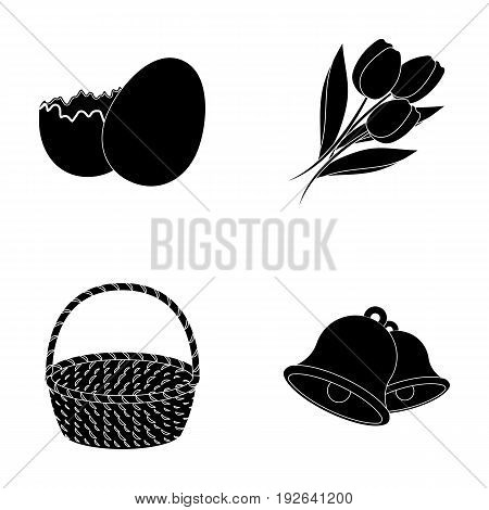 Chocolate egg, bells, basket and flowers.Easter set collection icons in black style vector symbol stock illustration .