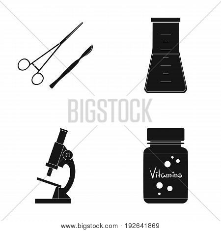 A bank of vitamins, a flask with a solution and other equipment.Medicine set collection icons in black style vector symbol stock illustration .