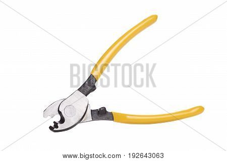 Photo of yellow hole punch close-up on white empty background