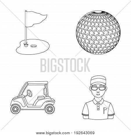 Field with a hole and a flag, a golf ball, a golfer, an electric golf cart.Golf club set collection icons in outline style vector symbol stock illustration .