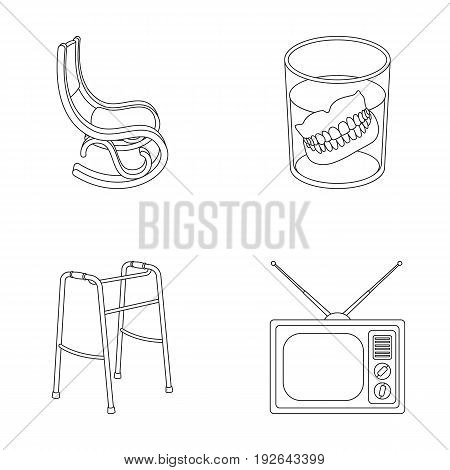 Denture, rocking chair, walker, old TV.Old age set collection icons in outline style vector symbol stock illustration .