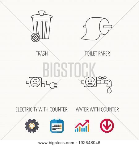 Trash bin, electricity and water counter icons. Toiler paper linear sign. Calendar, Graph chart and Cogwheel signs. Download colored web icon. Vector