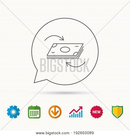 Money flow icon. Cash investment sign. Currency exchange symbol. Calendar, Graph chart and Cogwheel signs. Download and Shield web icons. Vector