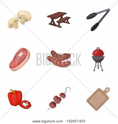 Meat, steak, firewood, grill, table and other accessories for barbecue.BBQ set collection icons in cartoon style vector symbol stock illustration .
