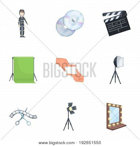 A movie camera, a floodlight, a chromakey and other equipment for the cinema.Making movie set collection icons in cartoon style vector symbol stock illustration .