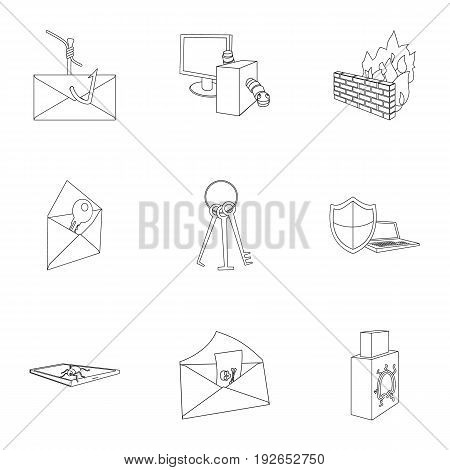 A selection of icons about protection and breaking. Modern technology of protection against breaking. Hackers and hacking icon in set collection on outline style vector symbol stock web illustration.